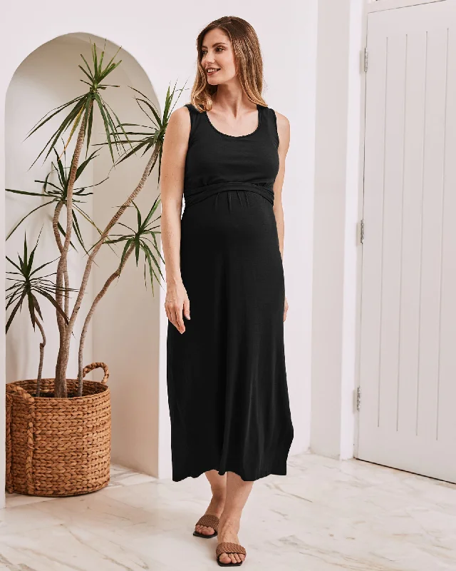 Maternity Dresses with Draped Sleeves -Martina Maternity & Nursing Maxi Dress in Black Maternity Dresses with Draped Sleeves -Martina Maternity & Nursing Maxi Dress in Black