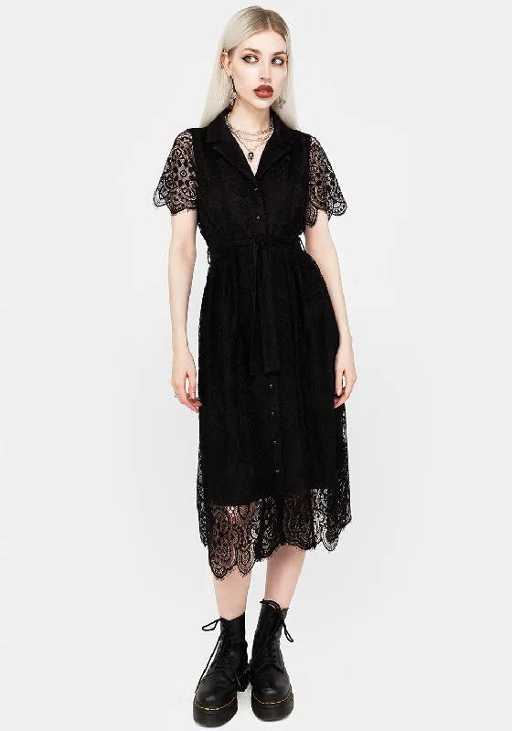 Lightweight Shirt Dress for Summer-Martyr Collar Lace Midi Shirt Dress