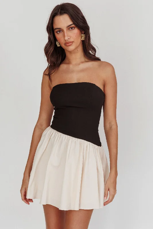 Women's Sporty A-line Mini Dress-Marzipan Strapless Contrast Mini Dress Black Cream Women's Sporty A-line Mini Dress-Marzipan Strapless Contrast Mini Dress Black Cream