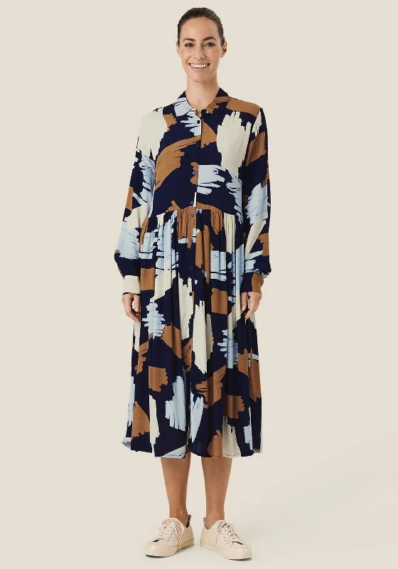 Women's A-line Check Shirt Dress-Masai Nejane Print Shirt Dress, Maritime Blue Multi