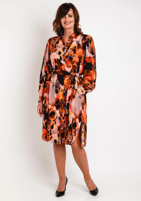 Summer Shirt Dress-Masai Nydema Ink Print Shirt Dress, Spicy Orange