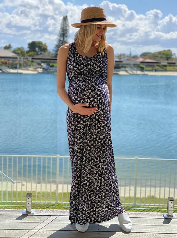 Maternity Dresses with Ribbon Tie -Maternity  Dress in Maxi in Navy Print