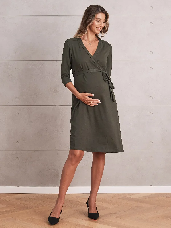 Maternity Dresses for Fall Evening Events -Maternity Classic Wrap Feeding Dress in Olive Green Maternity Dresses for Fall Evening Events -Maternity Classic Wrap Feeding Dress in Olive Green