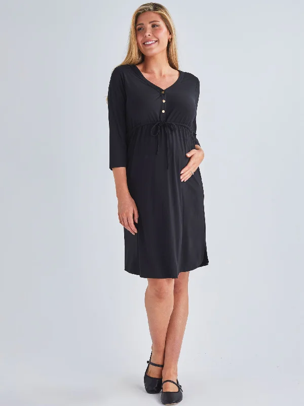 Maternity Dresses with Fluttering Sleeves -Maternity & Nursing Button Drawstring Dress in Black Maternity Dresses with Fluttering Sleeves -Maternity & Nursing Button Drawstring Dress in Black