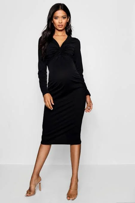 Maternity Dresses with Cross-Over Detail -Maternity Twist Midi Dress Black