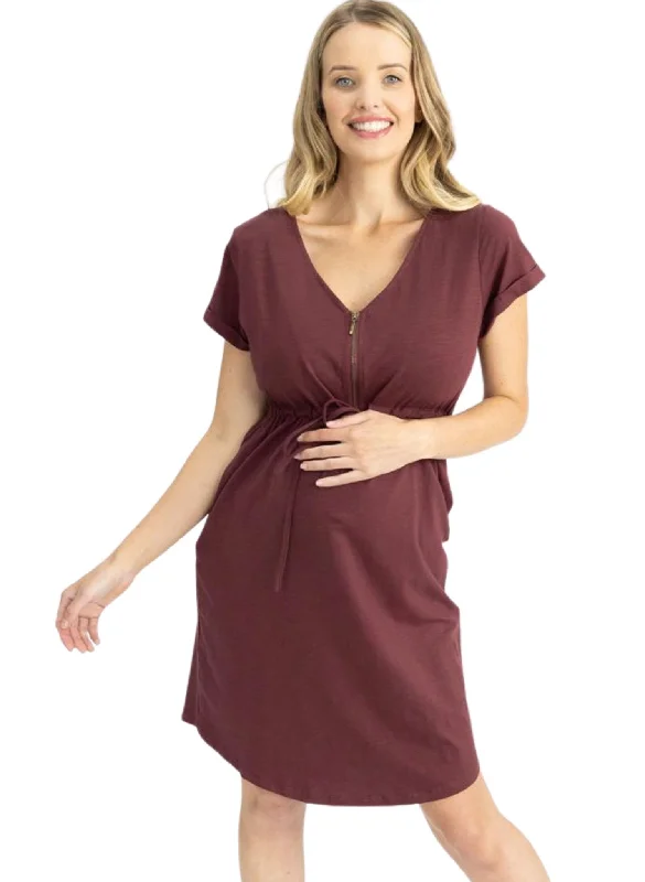 Maternity Dresses for Fall -Maternity & Nursing Zipper Drawstring Dress - Burgundy