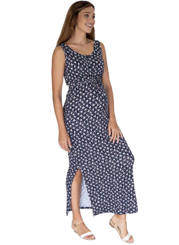 Maternity Dresses with Cold Shoulder -Maternity & Nursing Maxi Dress - Navy Print