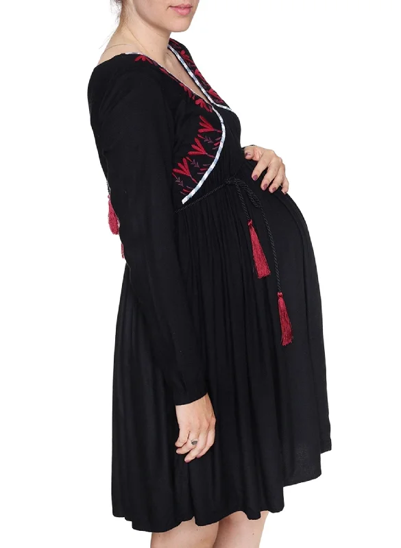 Maternity Dresses with Adjustable Waist -Maternity & Nursing Embroidered Dress - Black/Bordeaux Maternity Dresses with Adjustable Waist -Maternity & Nursing Embroidered Dress - Black/Bordeaux