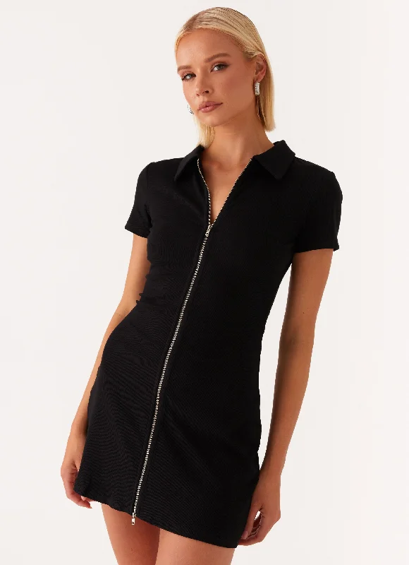 Women's Feather Detail Mini Dress-Matter Of Time Zip Front Mini Dress - Black