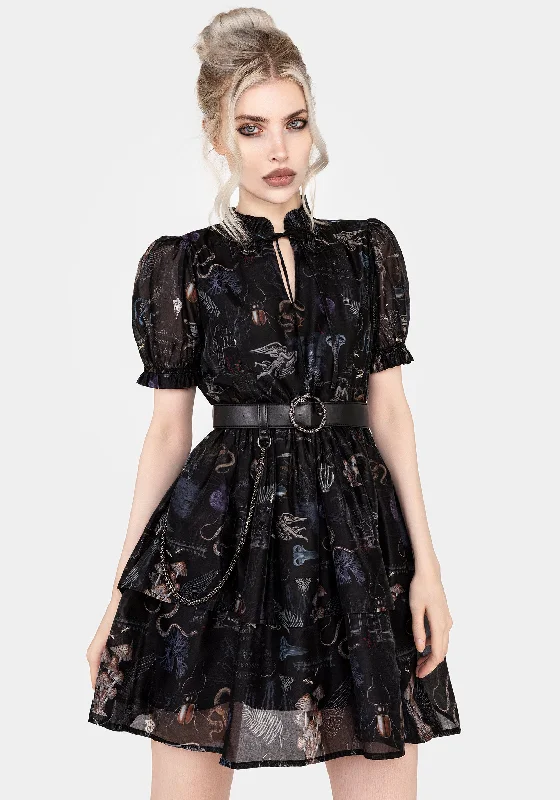 Women's Lace-up Detail Mini Dress-Maudeline Victoriana Print Layered Organza Mini Dress Women's Lace-up Detail Mini Dress-Maudeline Victoriana Print Layered Organza Mini Dress