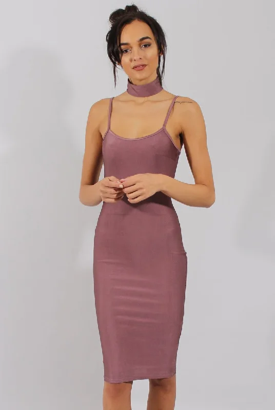 Women's Plus Size Floral Bodycon Dress -Mauve Choker Bodycon Midi Dress - Meli