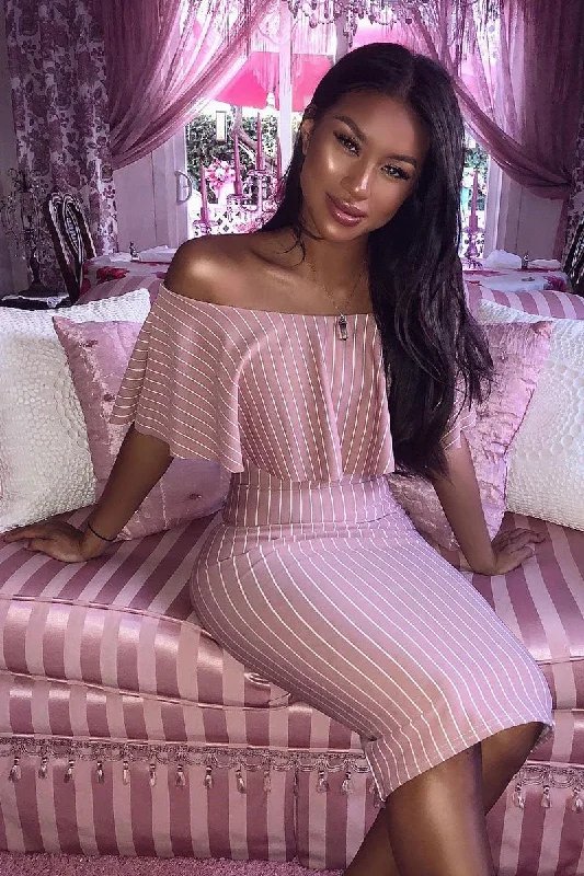 Off-shoulder Evening Bodycon Dress -Mauve Pinstripe Frill Bardot Bodycon Midi Dress -Jovey Off-shoulder Evening Bodycon Dress -Mauve Pinstripe Frill Bardot Bodycon Midi Dress -Jovey