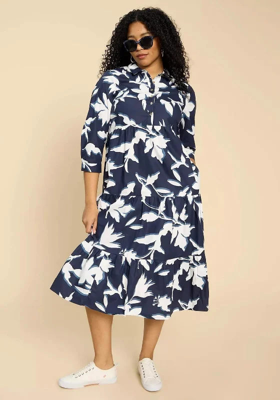 Short Shirt Dress-White Stuff Mayra Tiered Shirt Dress, Navy Print