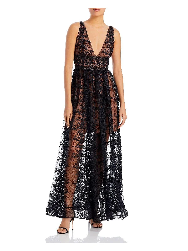 Sexy Plunge Neck Party Dress for Bold Look -Megan Womens Lace Long Evening Dress