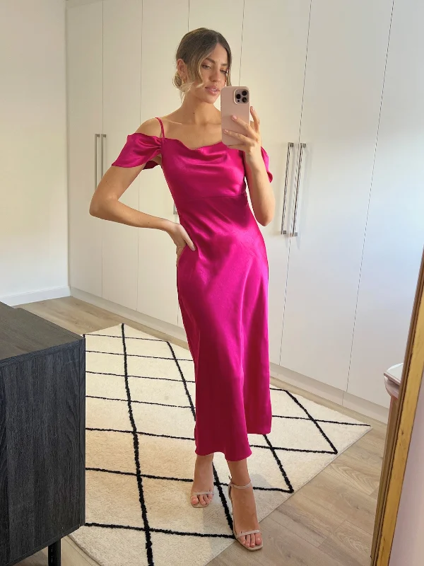 Soft Silk Satin Slip Dress for Spring -Sexy Black Satin Slip Dress with Lace-up Back -Melanie Cold Shoulder Midi Slip Dress / Pink