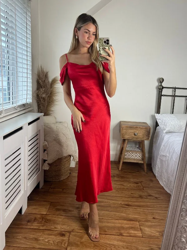 Satin Slip Dress with Fringe Detail -Simple Slip Dress -Melanie Cold Shoulder Midi Slip Dress / Red