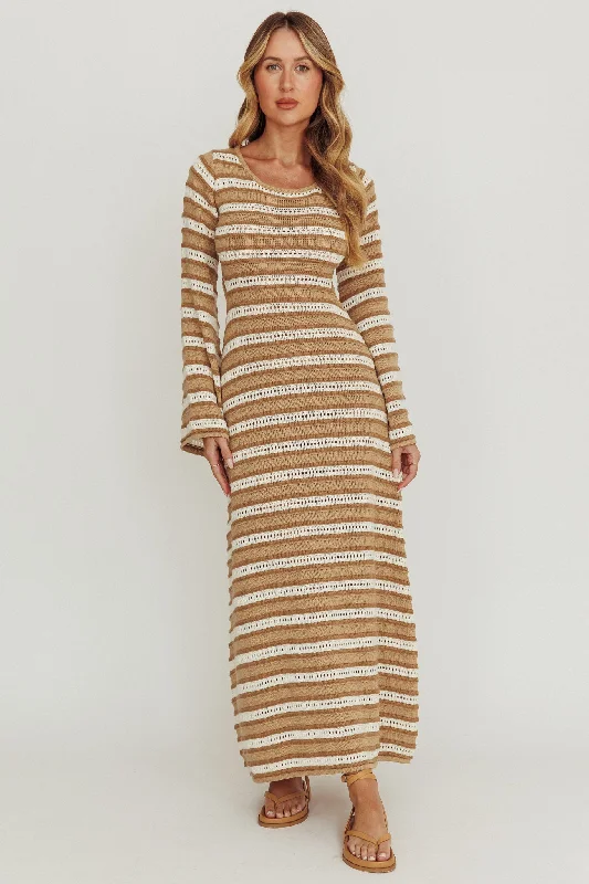 Women's Long Sleeve Maxi Dress-Meredith Long Sleeve Cut-Out Maxi Dress Chocolate