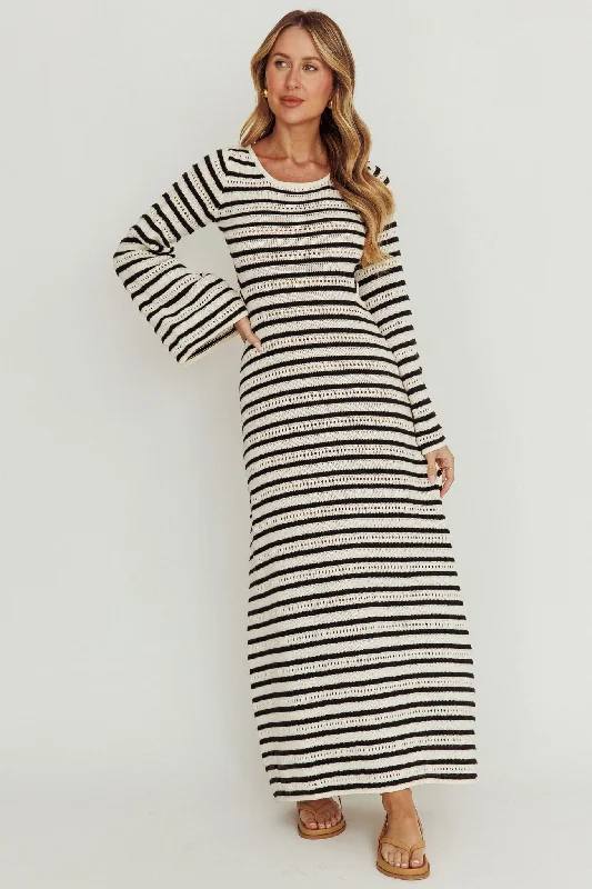 Women's Lace Trim Maxi Dress-Meredith Long Sleeve Cut-Out Maxi Dress Cream Black