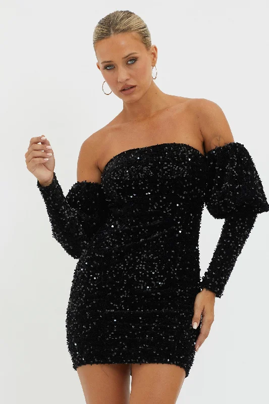 Women's Tiered Mini Dress-Merry & Bright Sequin Mini Dress Black