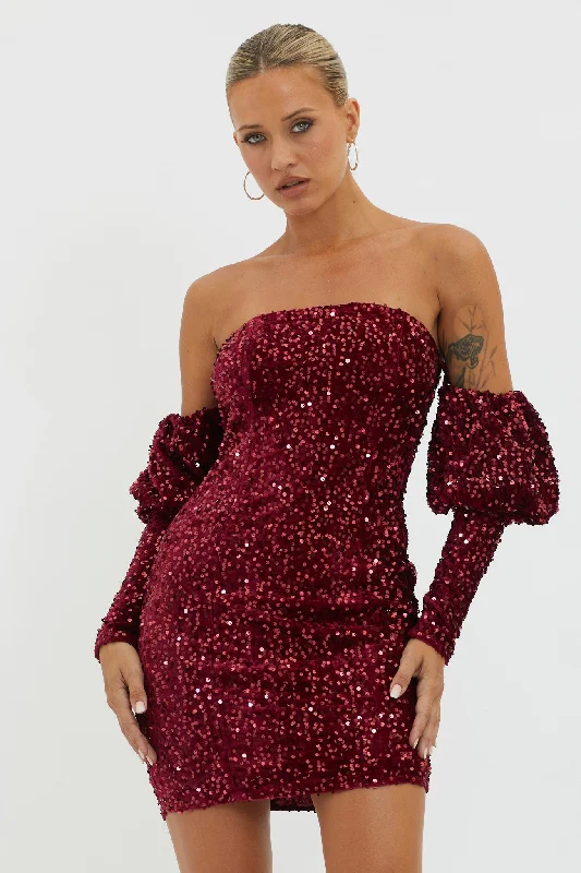 Women's Cozy Knit Mini Dress-Merry & Bright Sequin Mini Dress Wine