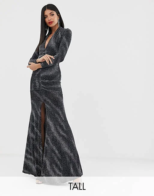 Women's Sequin Maxi Dress-Metallic Plunge Maxi Dress