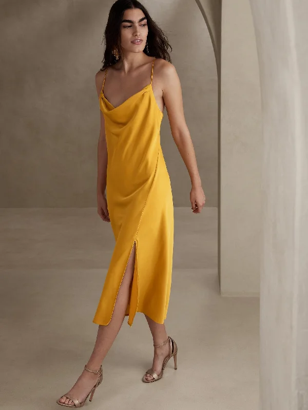 Stylish Slip Dress for Spring -Satin Slip Dress with Sheer Lace Sleeve -Midi Slip Dress