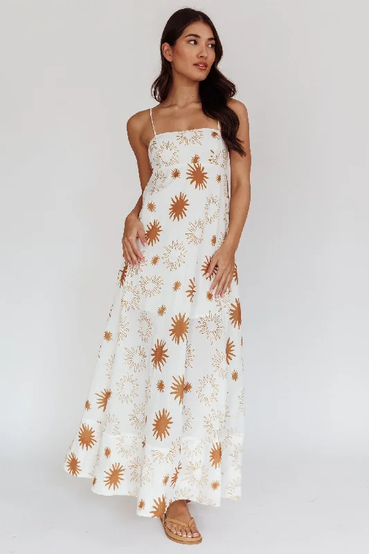 Women's Floral Halter Maxi Dress-Midsummer Sun Print Maxi Dress White Green