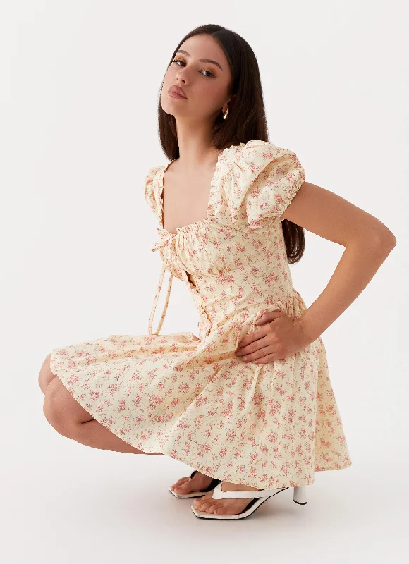 Women's Plunging Neck Mini Dress-Mila Mini Dress - Yellow Ditsy Floral