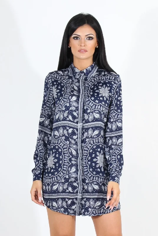 Tie-waist Shirt Dress-Miley Navy Paisley Print Shirt Dress
