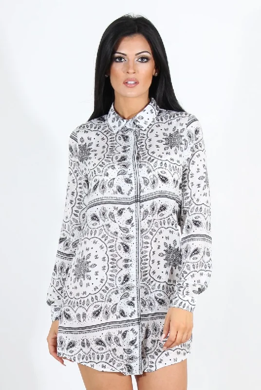 Off-the-shoulder Shirt Dress-Miley White Paisley Print Shirt Dress