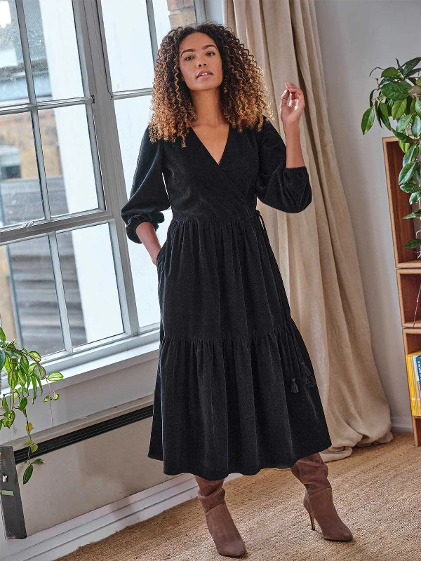 Wrap Dress for Perfect Night Out -Short Sleeve Wrap Dress for Summer -Milou Organic Cotton Corduroy Wrap Dress - Black Wrap Dress for Perfect Night Out -Short Sleeve Wrap Dress for Summer -Milou Organic Cotton Corduroy Wrap Dress - Black