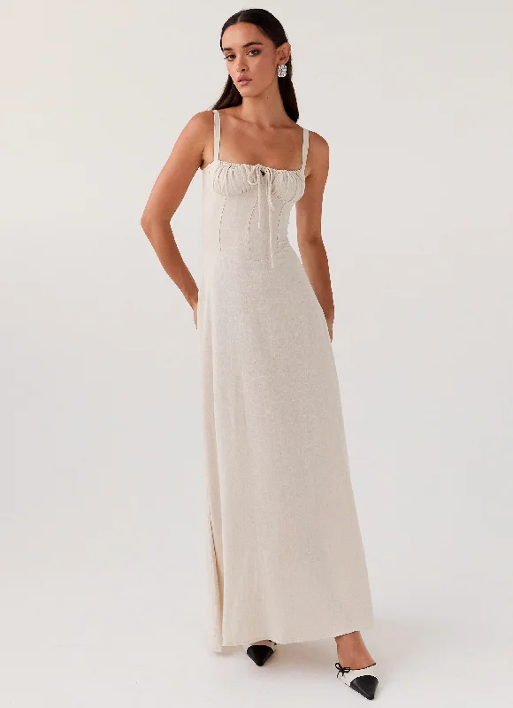 Women's Tie Detail Maxi Dress-Mimi Linen Maxi Dress - Oatmeal