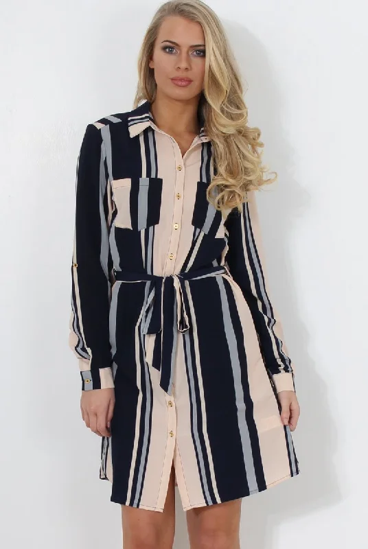 Shirt Dress with Pockets-Minnie Navy Striped Shirt Dress