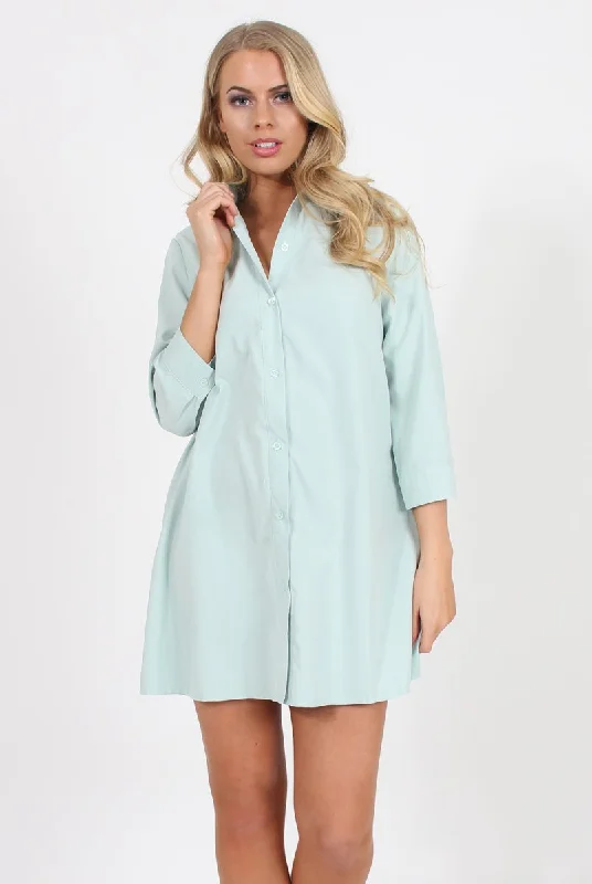 Button Front Plaid Shirt Dress-Mint Button Front Shirt Dress - Mina