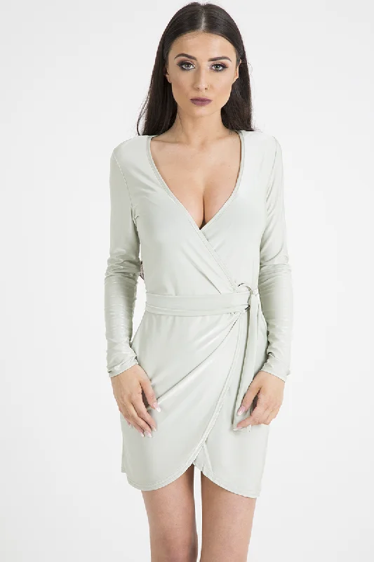 Wrap Dress for Office to After Party -Women's Black Wrap Dress with Sleeves -Mint Green Wrap Around Belted Slinky Dress - Cassie Wrap Dress for Office to After Party -Women's Black Wrap Dress with Sleeves -Mint Green Wrap Around Belted Slinky Dress - Cassie