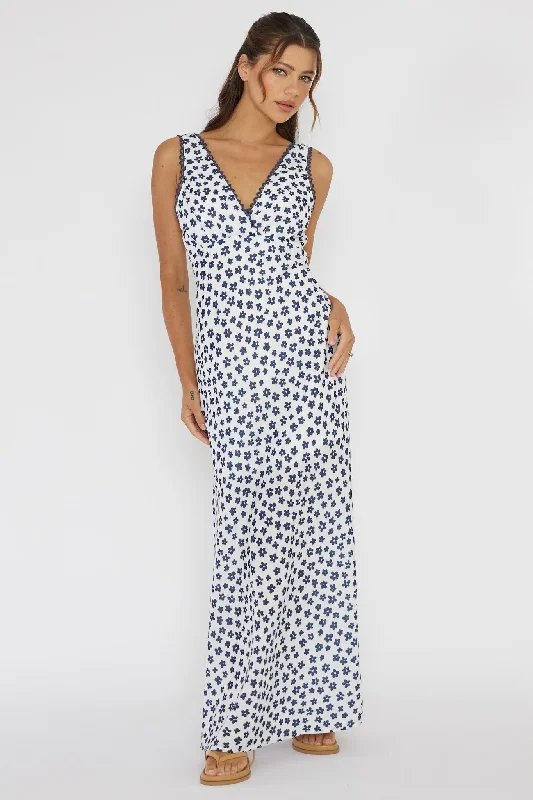 Women's Formal Maxi Dress-Miss Divine V-Neck Maxi Dress Flower Blue