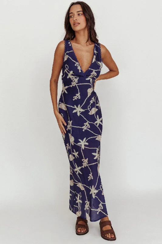 Women's Strapless Maxi Dress-Miss Divine V-Neck Ocean Maxi Dress Blue
