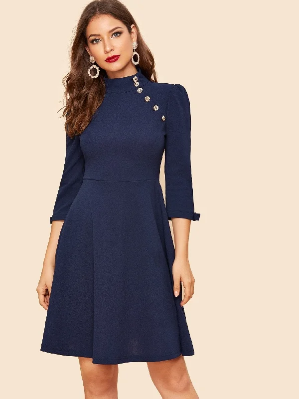 Flare Dress with Belt -Mock Neck Button Detail Bow Cuff Flare Dress