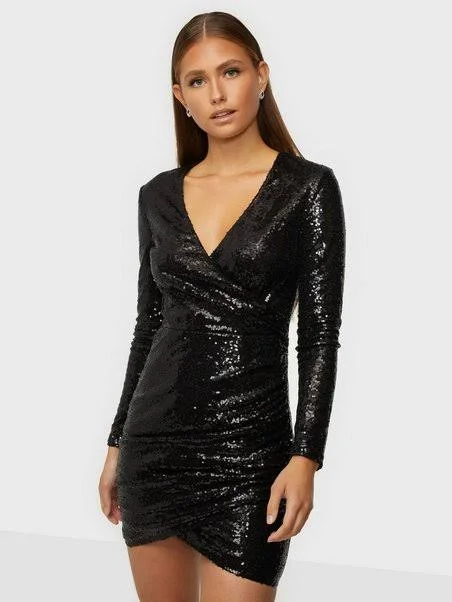 White Bodycon Dress with Embroidery -Body Wrap Sequins Mini Dress Black