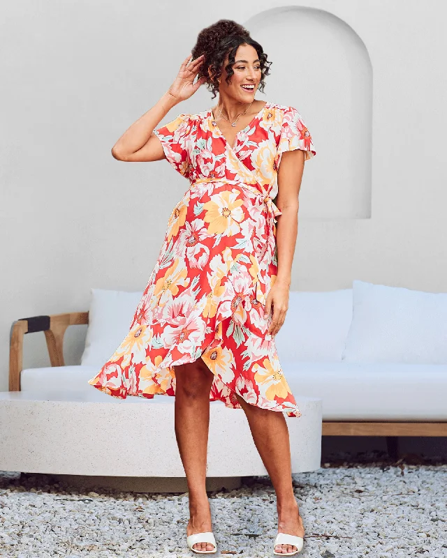 Maternity Dresses for Smart-Casual Look -Molly Maternity Wrap Midi Dress In Red Flora Maternity Dresses for Smart-Casual Look -Molly Maternity Wrap Midi Dress In Red Flora
