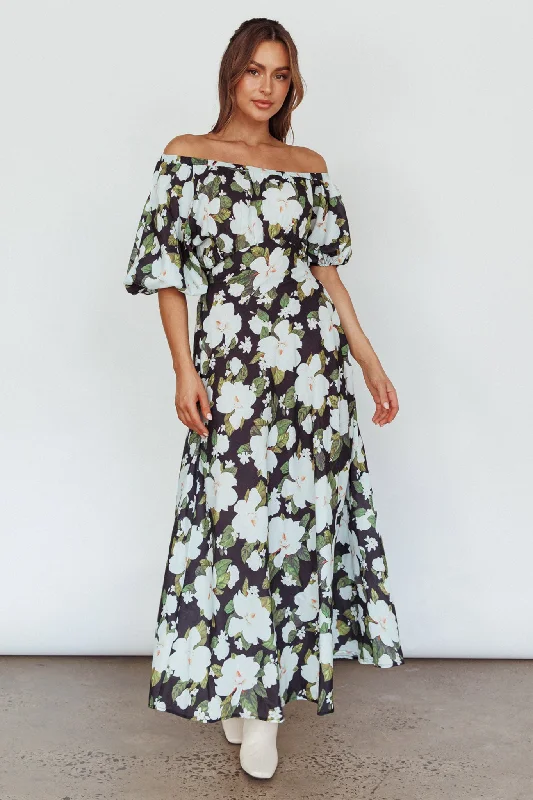 Women's Elegant Long Maxi Dress-Momentum Off Shoulder Maxi Dress Floral Black