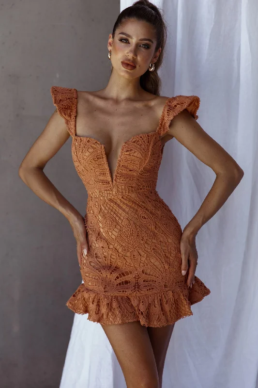 Women's Lace-up Detail Mini Dress-Mon Papillon Lace Mini Dress Apricot