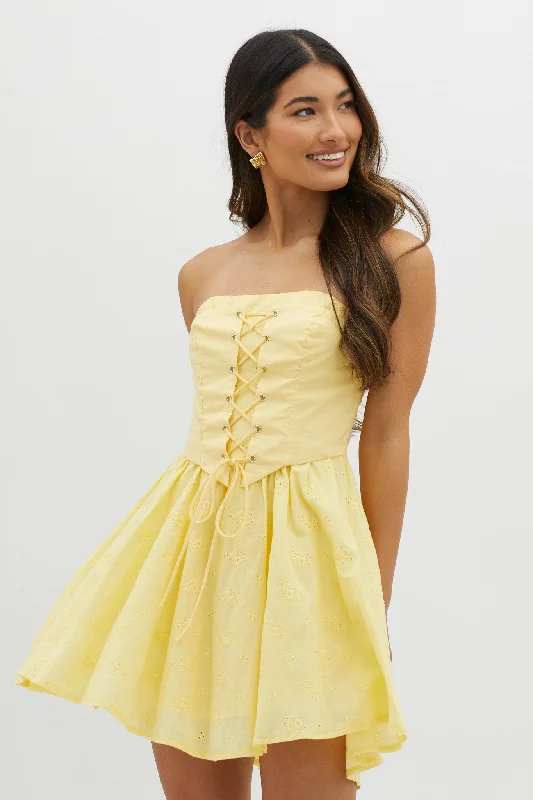Women's White Lace Mini Dress-Mon Petit Lace-Up Bodice Mini Dress Yellow