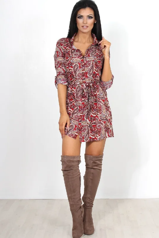 Casual Loose Shirt Dress-Mona Red Paisley Print Shirt Dress