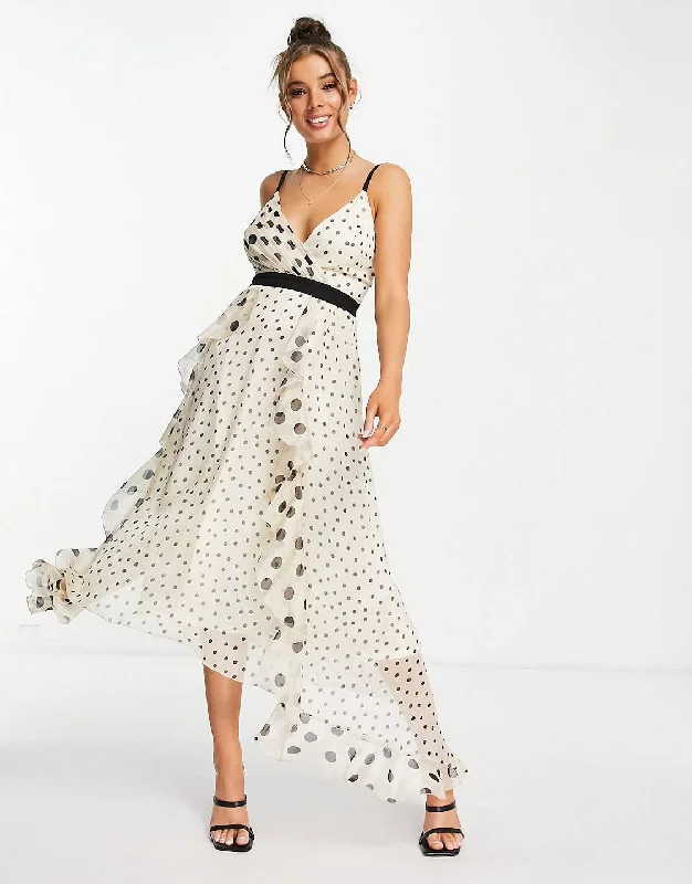 Women's Ruffled Strapless Maxi Dress-Monochrome Polka Dot Maxi Dress