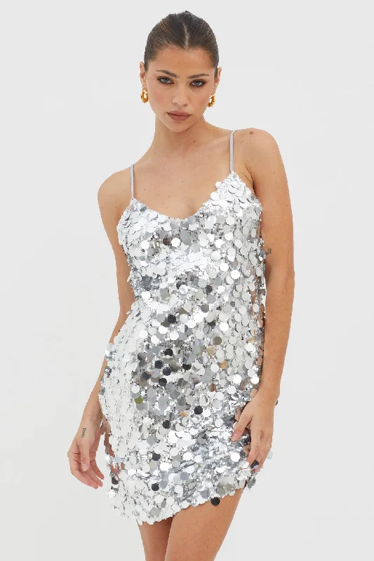 Women's Denim Pinafore Mini Dress-Moon Dust Sequin Mini Dress Silver