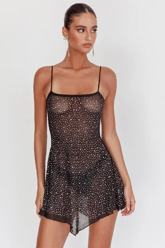 Women's Scoop Neck Mini Dress-Moon Walker Sheer Rhinestone Mini Dress Black