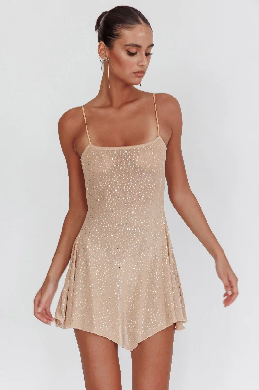 Women's Casual Ribbed Bodycon Mini Dress-Moon Walker Sheer Rhinestone Mini Dress Nude