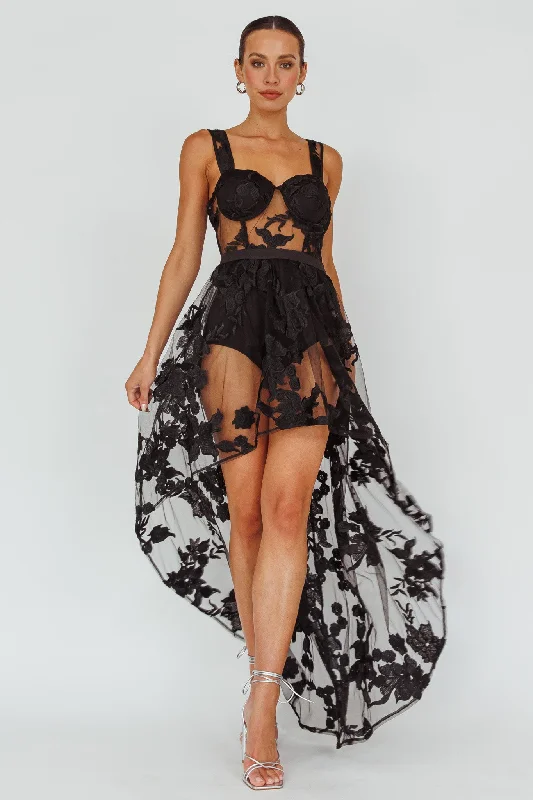 Women's Knit Crop Top -Moonlight Tango High-Low Mesh Top Black