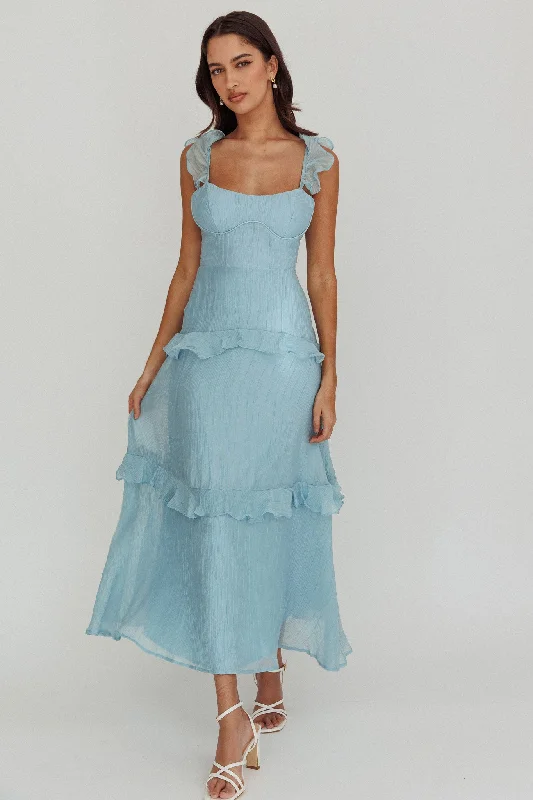 Women's Summer Floral Maxi Dress-Moonlit Moment Ruffle Trim Lace-Up Back Maxi Dress Blue